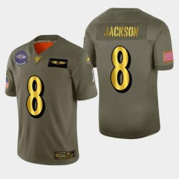 Baltimore Ravens #8 Lamar Jackson Men's Olive Gold 2019 Salute To Service Limited NFL 100 Jersey