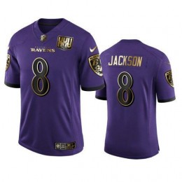 Baltimore Ravens #8 Lamar Jackson Men's Purple Team 25th Season Golden Limited NFL Jersey