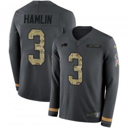 Bills #3 Damar Hamlin Anthracite Salute To Service Men's Stitched NFL Limited Therma Long Sleeve Jersey