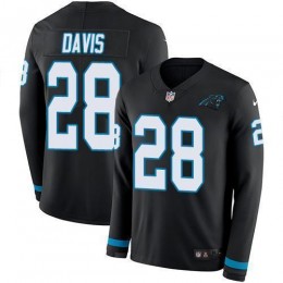 Carolina Panthers #28 Mike Davis Black Team Color Men's Stitched NFL Limited Therma Long Sleeve Jersey