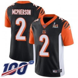 Bengals #2 Evan McPherson Black Team Color Super Bowl LVI Patch Men's Stitched NFL 100th Season Vapor Limited Jersey