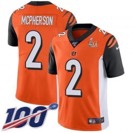 Bengals #2 Evan McPherson Orange Super Bowl LVI Patch Alternate Men's Stitched NFL 100th Season Vapor Limited Jersey