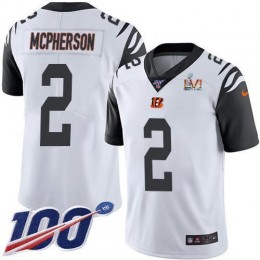 Bengals #2 Evan McPherson White Super Bowl LVI Patch Men's Stitched NFL Limited Rush 100th Season Jersey