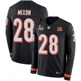 Bengals #28 Joe Mixon Black Team Color Super Bowl LVI Patch Men's Stitched NFL Limited Therma Long Sleeve Jersey
