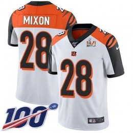Bengals #28 Joe Mixon White Super Bowl LVI Patch Men's Stitched NFL 100th Season Vapor Limited Jersey