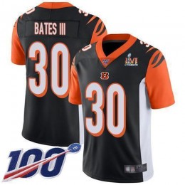 Bengals #30 Jessie Bates Black Team Color Super Bowl LVI Patch Men's Stitched NFL 100th Season Vapor Limited Jersey