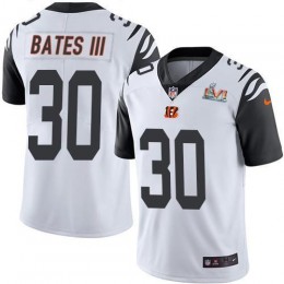 Bengals #30 Jessie Bates III White Super Bowl LVI Patch Men's Stitched NFL Limited Rush Jersey