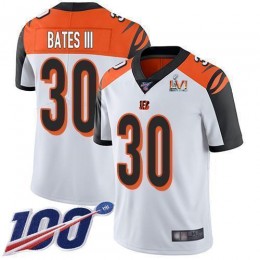 Bengals #30 Jessie Bates White Super Bowl LVI Patch Men's Stitched NFL 100th Season Vapor Limited Jersey