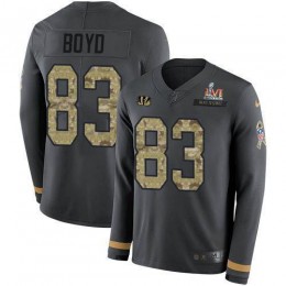 Bengals #83 Tyler Boyd Anthracite Super Bowl LVI Patch Salute To Service Men's Stitched NFL Limited Therma Long Sleeve Jersey