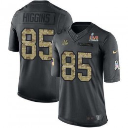 Bengals #85 Tee Higgins Black Team Color Super Bowl LVI Patch Men's Stitched NFL Limited Therma Long Sleeve Jersey