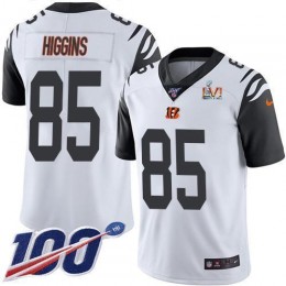 Bengals #85 Tee Higgins White Super Bowl LVI Patch Men's Stitched NFL Limited Rush 100th Season Jersey