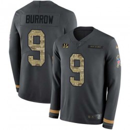 Bengals #9 Joe Burrow Anthracite Salute To Service Men's Stitched NFL Limited Therma Long Sleeve Jersey