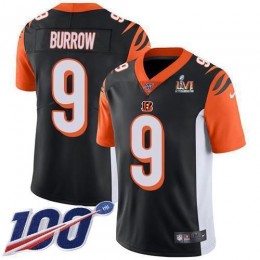 Bengals #9 Joe Burrow Black Team Color Super Bowl LVI Patch Men's Stitched NFL 100th Season Vapor Limited Jersey