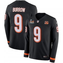 Bengals #9 Joe Burrow Black Team Color Super Bowl LVI Patch Men's Stitched NFL Limited Therma Long Sleeve Jersey