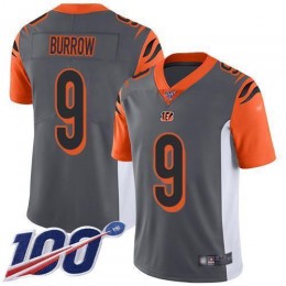 Bengals #9 Joe Burrow Silver Men's Stitched NFL Limited Inverted Legend 100th Season Jersey