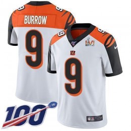 Bengals #9 Joe Burrow White Super Bowl LVI Patch Men's Stitched NFL 100th Season Vapor Limited Jersey
