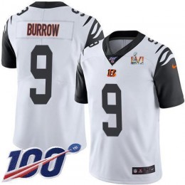 Bengals #9 Joe Burrow White Super Bowl LVI Patch Men's Stitched NFL Limited Rush 100th Season Jersey