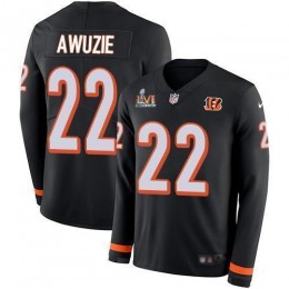 Cincinnati Bengals #22 Chidobe Awuzie Black Team Color Super Bowl LVI Patch Men's Stitched NFL Limited Therma Long Sleeve Jersey Men