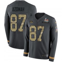 Cincinnati Bengals #87 C.J. Uzomah Anthracite Super Bowl LVI Patch Salute to Service Men's Stitched NFL Limited Therma Long Sleeve Jersey