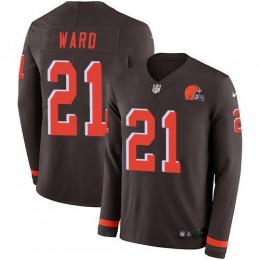 Browns #21 Denzel Ward Brown Team Color Men's Stitched NFL Limited Therma Long Sleeve Jersey