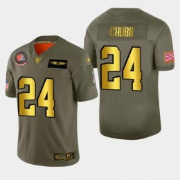 Browns #24 Nick Chubb Men's Olive Gold 2019 Salute To Service NFL 100 Limited Jersey