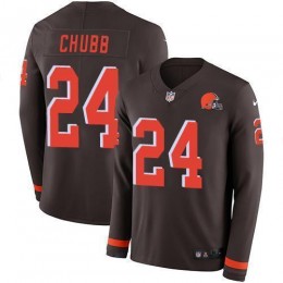 Browns #24 Nick Chubb Brown Team Color Men's Stitched NFL Limited Therma Long Sleeve Jersey