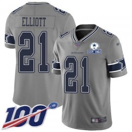 Cowboys #21 Ezekiel Elliott Gray Men's Stitched With Established In 1960 Patch NFL Limited Inverted Legend 100th Season Jersey