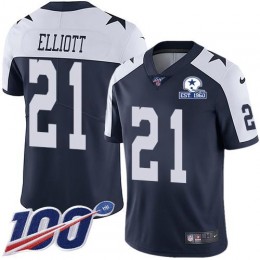 Cowboys #21 Ezekiel Elliott Navy Blue Thanksgiving Men's Stitched With Established In 1960 Patch NFL 100th Season Vapor Untouchable Limited Throwback