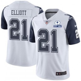 Cowboys #21 Ezekiel Elliott White Men's Stitched With Established In 1960 Patch NFL Limited Rush Jersey