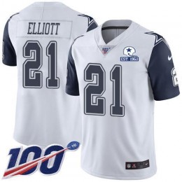 Cowboys #21 Ezekiel Elliott White Men's Stitched With Established In 1960 Patch NFL Limited Rush 100th Season Jersey