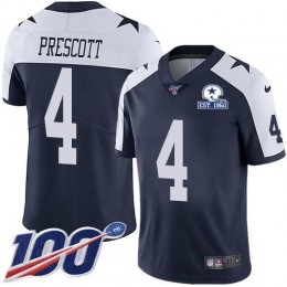 Cowboys #4 Dak Prescott Navy Blue Thanksgiving Men's Stitched With Established In 1960 Patch NFL 100th Season Vapor Untouchable Limited Throwback Jers