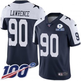 Cowboys #90 DeMarcus Lawrence Navy Blue Thanksgiving Men's Stitched With Established In 1960 Patch NFL 100th Season Vapor Untouchable Limited Throwbac