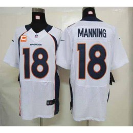 Broncos #18 Peyton Manning White With C Patch Men's Stitched NFL Elite Jersey