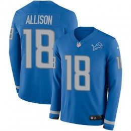 Detroit Lions #18 Geronimo Allison Blue Team Color Men's Stitched NFL Limited Therma Long Sleeve Jersey