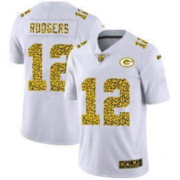 Green Bay Packers #12 Aaron Rodgers Men's Flocked Leopard Print Vapor Limited NFL Jersey White