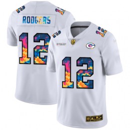 Green Bay Packers #12 Aaron Rodgers Men's White Multi-Color 2020 NFL Crucial Catch Limited NFL Jersey