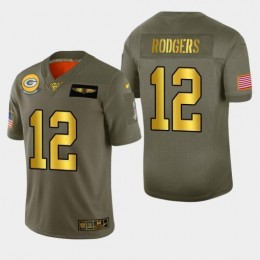 Packers #12 Aaron Rodgers Men's Olive Gold 2019 Salute To Service NFL 100 Limited Jersey
