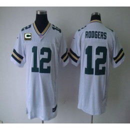 Packers #12 Aaron Rodgers White With C Patch Men's Stitched NFL Elite Jersey