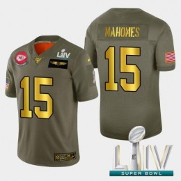 Kansas City Chiefs #15 Patrick Mahomes Men's Olive Gold Super Bowl LIV 2020 2019 Salute To Service Limited NFL 100 Jersey