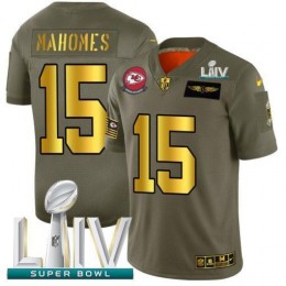 Kansas City Chiefs #15 Patrick Mahomes NFL Men's Olive Gold Super Bowl LIV 2020 2019 Salute To Service Limited Jersey