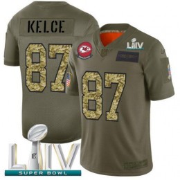 Kansas City Chiefs #87 Travis Kelce Men's 2019 Olive Camo Super Bowl LIV 2020 Salute To Service Limited NFL Jersey