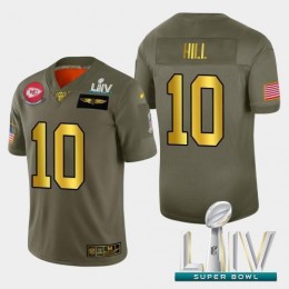 Kansas City Kansas City Chiefs #10 Tyreek Hill Men's Olive Gold Super Bowl LIV 2020 2019 Salute to Service Limited NFL 100 Jersey