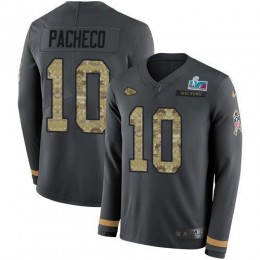 Chiefs #10 Isiah Pacheco Anthracite Salute To Service Super Bowl LVII Patch Men's Stitched NFL Limited Therma Long Sleeve Jersey