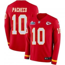 Chiefs #10 Isiah Pacheco Red Team Color Super Bowl LVII Patch Men's Stitched NFL Limited Therma Long Sleeve Jersey