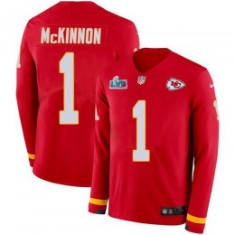 Chiefs #1 Jerick McKinnon Red Team Color Super Bowl LVII Patch Men's Stitched NFL Limited Therma Long Sleeve Jersey