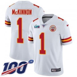 Chiefs #1 Jerick McKinnon White Super Bowl LVII Patch Men's Stitched NFL 100th Season Vapor Limited Jersey