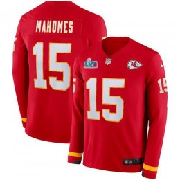Chiefs #15 Patrick Mahomes Red Team Color Super Bowl LVII Patch Men's Stitched NFL Limited Therma Long Sleeve Jersey