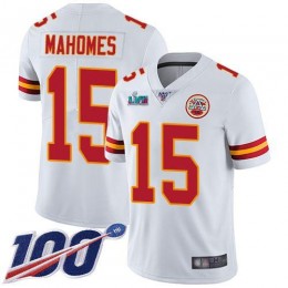 Chiefs #15 Patrick Mahomes White Super Bowl LVII Patch Men's Stitched NFL 100th Season Vapor Limited Jersey