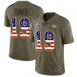 Chiefs #19 Kadarius Toney Olive/USA Flag Super Bowl LVII Patch Men's Stitched NFL Limited 2017 Salute To Service Jersey