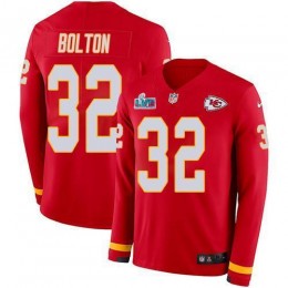 Chiefs #32 Nick Bolton Red Team Color Super Bowl LVII Patch Men's Stitched NFL Limited Therma Long Sleeve Jersey